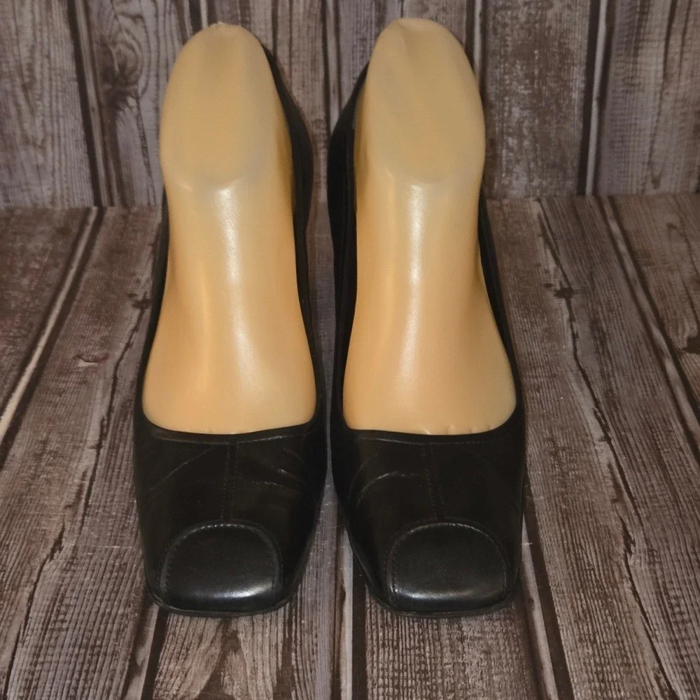 Sz 38.5 / 8.5 US Prada Y2K Black Leather Square Toe Block Heel Pumps Shoes VGUC